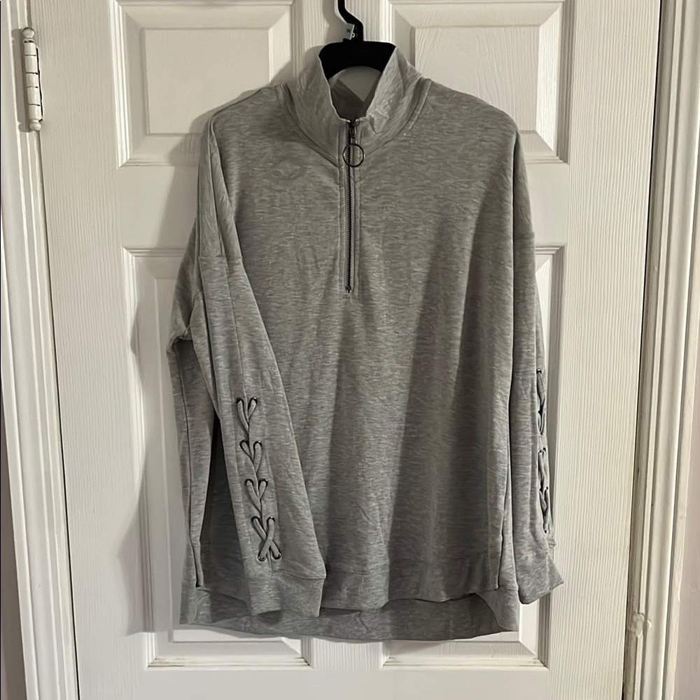 Gray Quarter-Zip Pullover with Heart Details